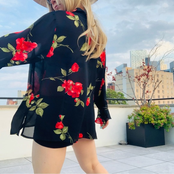 🛳 K.C.STUDIO Vintage Ruffle Long Sleeves Sheer Top Big Roses Sheer Top 22W - Picture 13 of 16